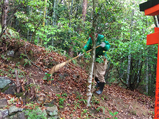 滝の横の山斜面の落ち葉集める